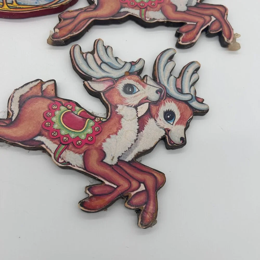 VTG Beistle Santa Sleigh & Reindeer Christmas Die Cut Decoration ON‎ WOOD